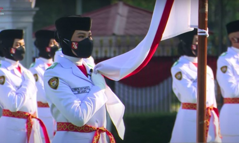 Upacara pengukuhan Pasukan Pengibar Bendera Pusaka (Paskibraka) 2021 di Istana Merdeka, Jakarta, Kamis (12/8). (Ant)