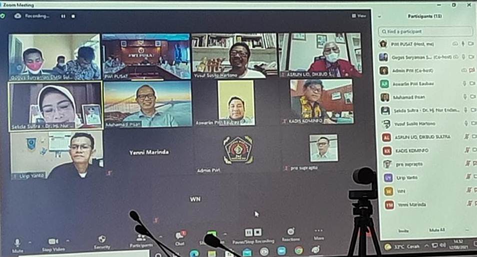 Persatuan Wartawan Indonesia (PWI) Pusat menggelar rapat virtual persiapan penyelenggaraan Hari Pers Nasional 2022 di Sulawesi Tenggara bersama Pemprov Sultra, Kamis (12/8/2021)