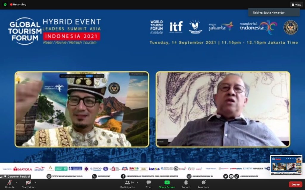 Menparekraf Sandiaga Uno bersama Sapta Nirwandar, Chairman Indonesia Tourism Forum (ITF) dan penyelenggara Global Tourism Forum 2021 Leaders Summit Asia