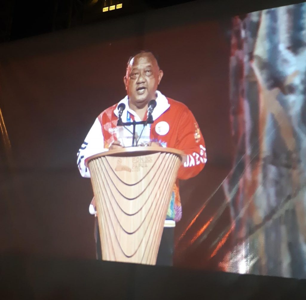 Ketua Umum KONI Pusat Marciano Norman memberikan sambutan pada acara pembukaan PON XX Papua di Stadion Lukas Enembe, Jayapura, Sabtu (2/10/2021)