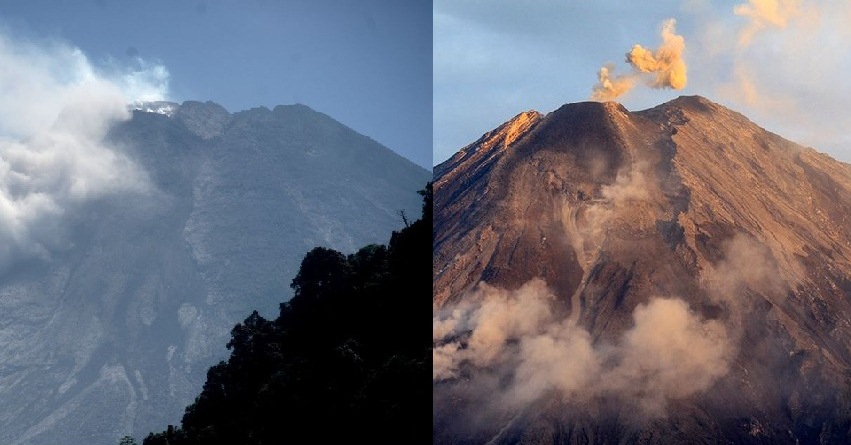 Gunung Merapi muntahkan awan panas guguran, Gunung Semeru (kanan) aktivitasnya masih tinggi