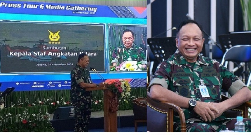 Kasau Marsekal TNI Fadjar Prasetyo memberikan sambutan pada acara Press Tour dan Media Gathering, di Lanud Halim Perdanakusuma, Jakarta Timur.