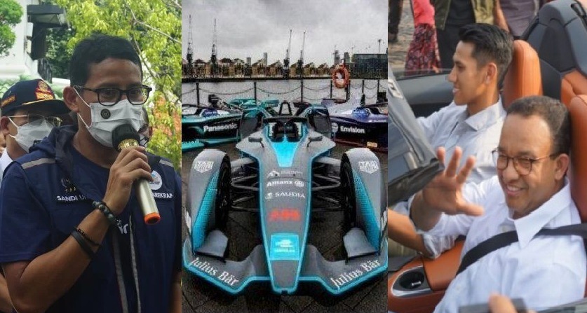 Menparekraf Sandiaga Uno (kiri) saat berkunjung ke Ancol, Jakarta, Sabtu (1/1/2022) menyoroti pelaksanaan Formula E oleh Gubernur DKI Jakarta Anies Baswedan (kanan)