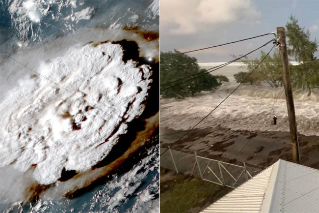 Citra satelit menangkap momen Hunga Tonga-Hunga Ha'apai meletus dan tangkapan video tentang tsunami yang melanda Tonga