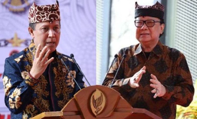 Menteri PANRB Tjahjo Kumolo (kanan) dan Kepala BNPT Boy Rafli Amar  memberikan arahan dalam Peresmian Warung NKRI, di Banyuwangi, Jawa Timur, Kamis (20/1/2022).