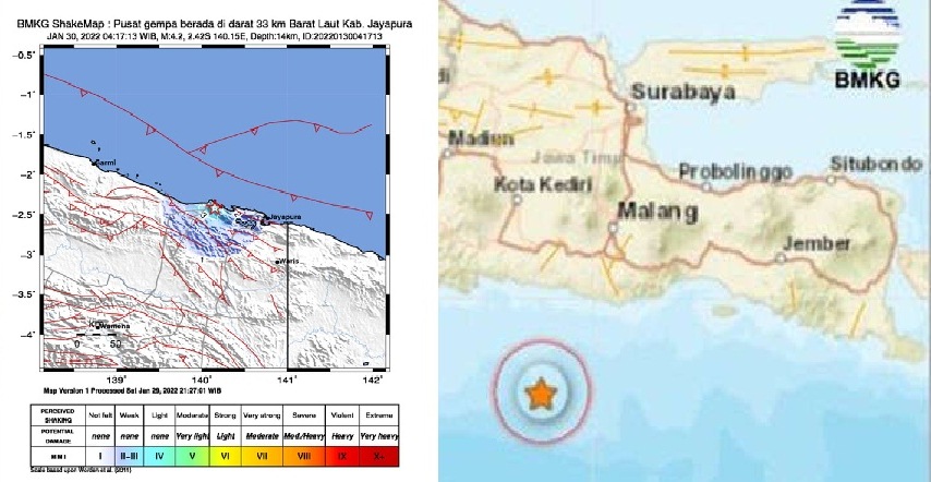 Gempa terkini Minggu 30 Januari 2022 pagi, guncang Papua dan Jawa Timur