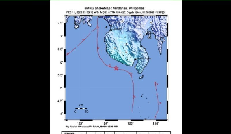 Gempa magnitudo 5,1 di wilayah Laut Sulawesi Utara, Jumat (11/2/2022), pukul 21.25 WIB