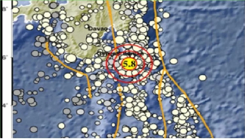 Peta guncangan gempa dengan magnitudo 5,8 yang terjadi di barat laut Miangas, Kepulauan Talaud, Sulawesi Utara, Sabtu (26/2/2022)