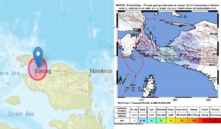 Sorong, Papua Barat dan Nabire, Papua diguncang gempa Kamis (3/3/2022)
