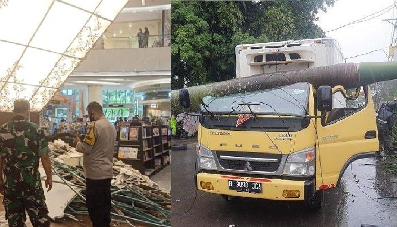 Angin kencang yang melanda Jabodetabek, Sabtu (5/3/2022) membuat atap mall di Kemang  Jakrta roboh dan truk tertimpa pohon di Pamulang, Tangerang