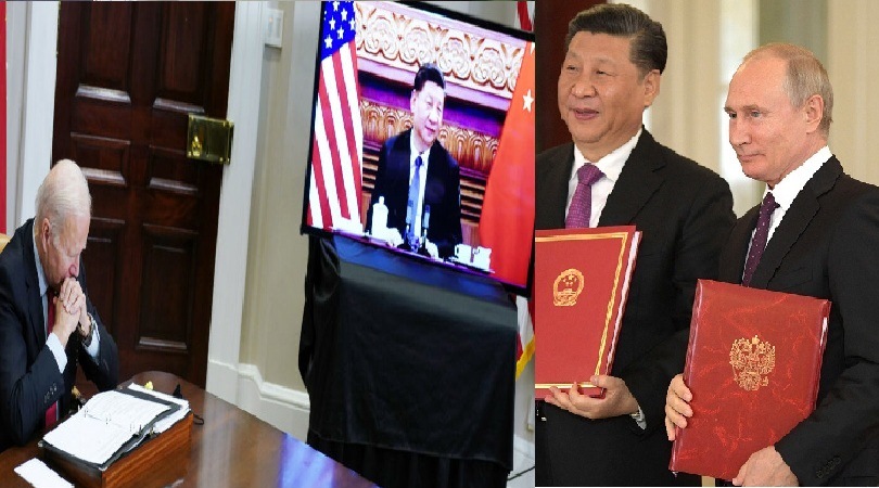 Presiden Amerika Joe Biden terpekur saat bicara secara virtual dengan Presiden China  Xi Jinping  yang punya kedekatan dengan Presiden Rusia Vladimir Putin