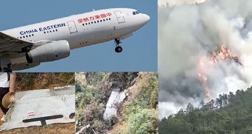 Tampak puing-puing dan kebakaran setelah pesawat China Eastern Airlines Boeing 737-800 jatuh di pegunungan China selatan.