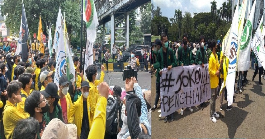 Para mahasiswa yang tergabung dalam BEM SI melakukan unjuk rasa di Jakarta, Senin (28/3/2022) menolak penundaan Pemilu 2024