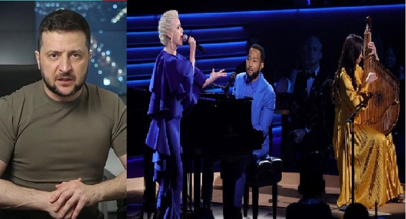 Pidato kuat dari Presiden Zelensky serta aksi Mika Newton, John Legend, dan Siuzanna Iglidan tampil di atas panggung selama Grammy Awards ke-64 di MGM Grand di Las Vegas