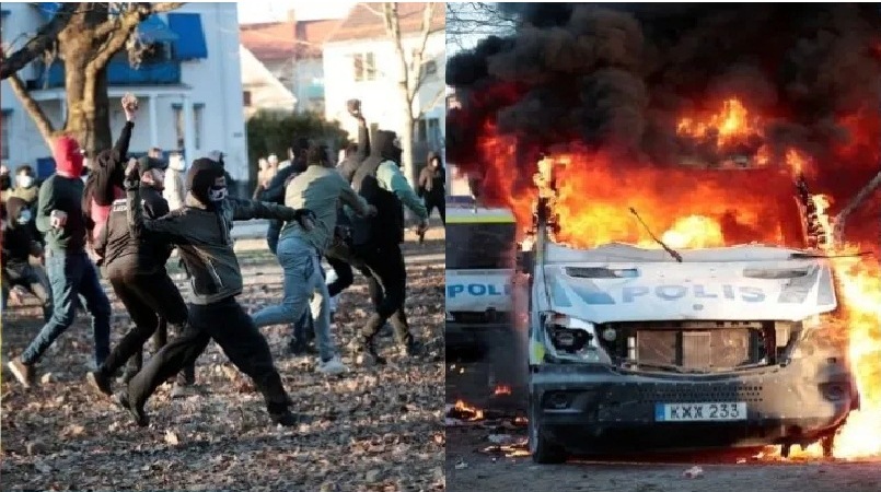 Beberapa kendaraan polisi hancur dalam kerusuhan yang terjadi setelah demonstrasi kelompok sayap kanan, termasuk di pinggiran kota Stockholm