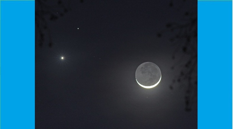 Pemandangan yang menyajikan berhubungannya bulan, venus dan jupiter tahun 2015