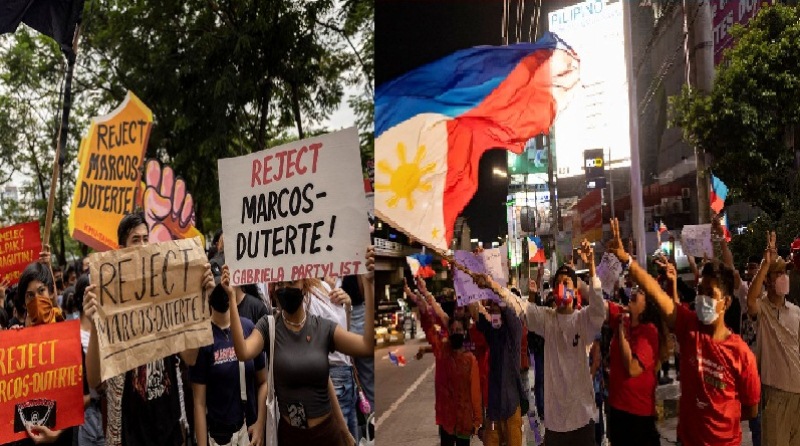 Ratusan mahasiswa melakukan unjuk rasa di depan kantor Komisi Pemilihan Umum (kiri) sedangkan pendukung Ferdinand Marcos Jr merayakan kemenangan di Pilpres Filipina