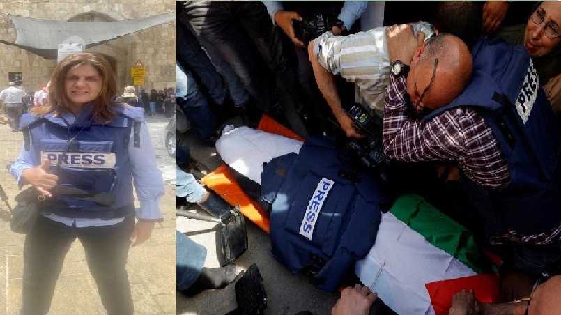 Wartawan bereaksi di sebelah tubuh koresponden Al Jazeera Sherine Abu Aqla, yang ditembak mati dalam serangan Israel di kota Jenin di Tepi Barat yang diduduki (11 Mei 2022)