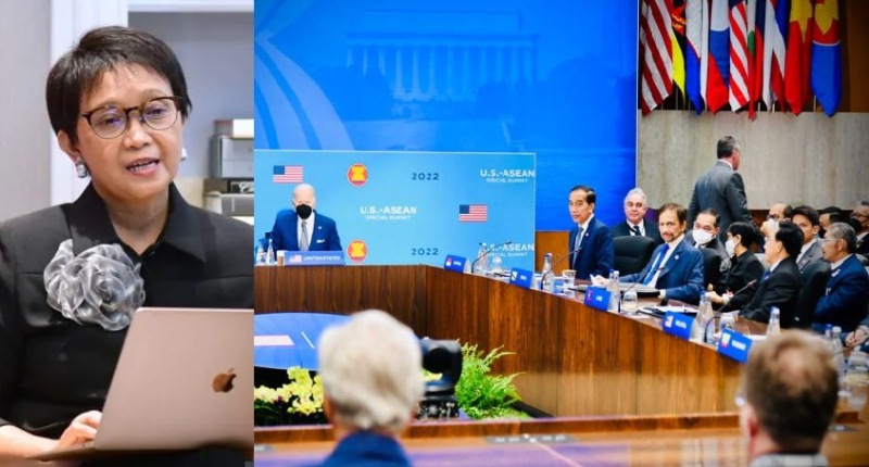 Menlu RI Retno Marsudi mengungkapkan hasil Konferensi Tingkat Tinggi Khusus ASEAN-Amerika Serikat (AS) di Washington DC, Jumat (13/5/2022) yang dihadiri oleh Presiden Joko Widodo