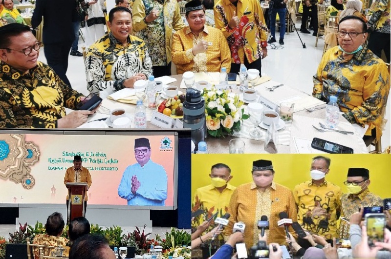 Ketua Umum Partai Golkar Airlangga Hartarto bersama politisi senior, saat memberi sambutan dan jumpa pers pada acara halal bihalal Partai Golkar, Rabu
