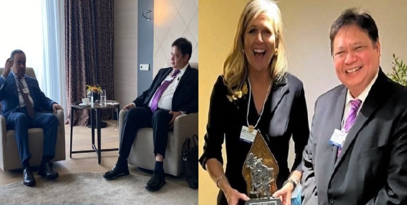 Di sela-sela agenda WEFAM 2022 di Davos-Swiss, Menteri Koordinator Bidang Perekonomian Airlangga Hartarto melakukan pertemuan dengan Menkeu Qatar (kiri) dan Ratu Maxima dari Belanda