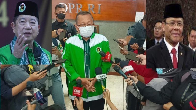 Wakil Ketua Umum PPP, Arsul Sani (tengah) membenarkian Muhammad Mardiono (kanan) sebagai Plt Ketum PPP tapi membantah Suharso Monoarfa (kiri) dipecat