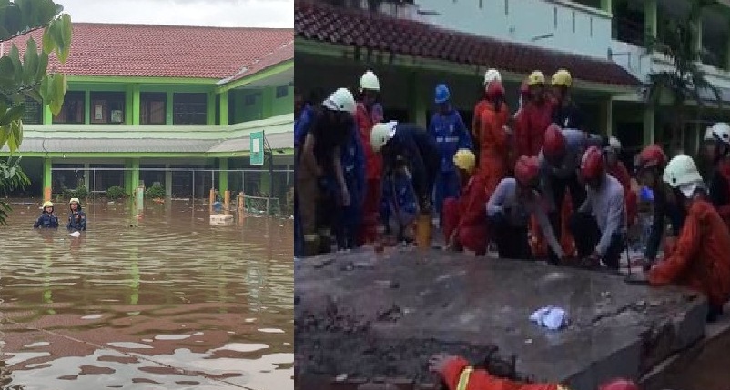 Suasana di Madrasah Tsanawiyah Negeri (MTsN) 19 Jakarta Selatan setelah tembok pembatas roboh akibat genangan air banjir setelah hujan deras mengguyur Jakarta
