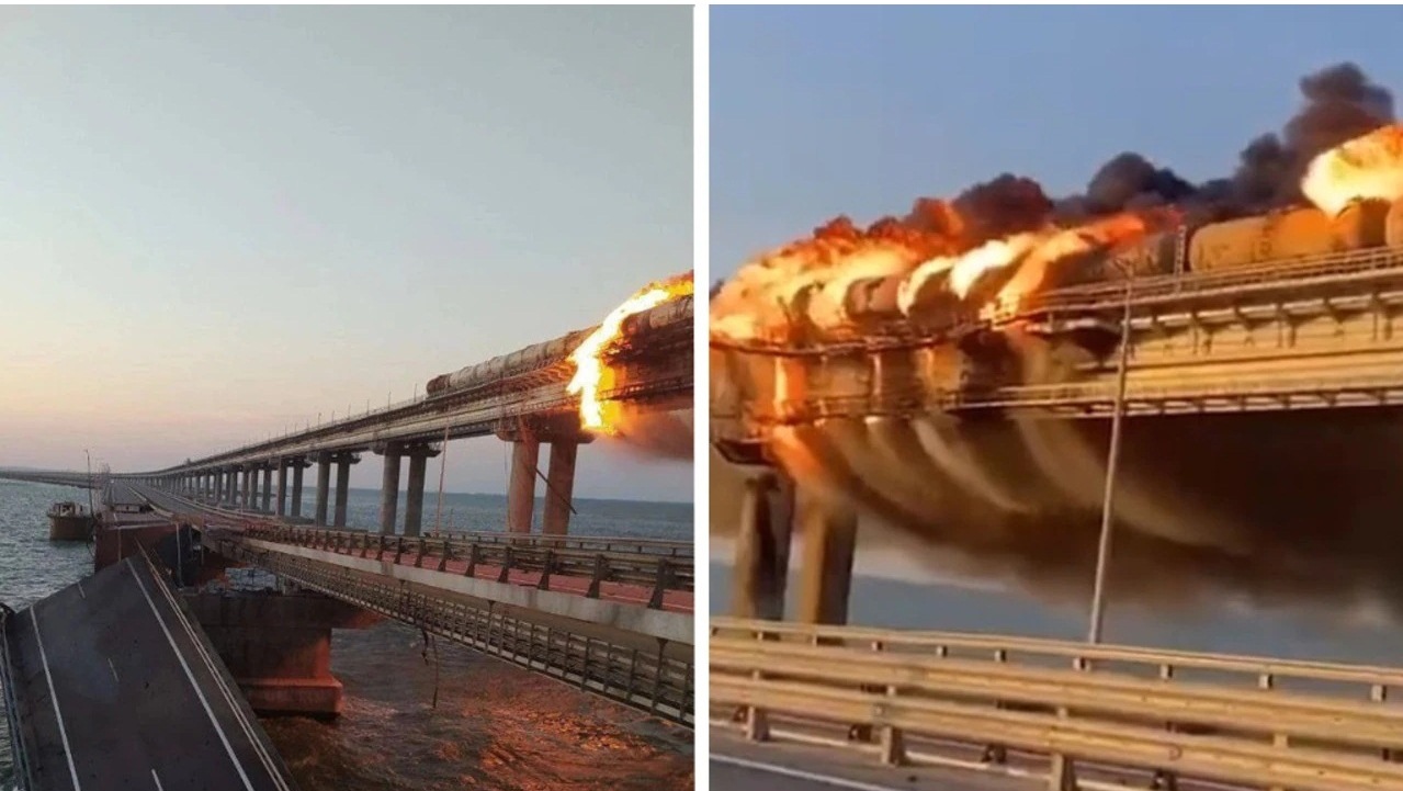 Api membakar dan reruntuhan jembatan yang menghubungkan Rusia ke Krime setelah ledakan besar