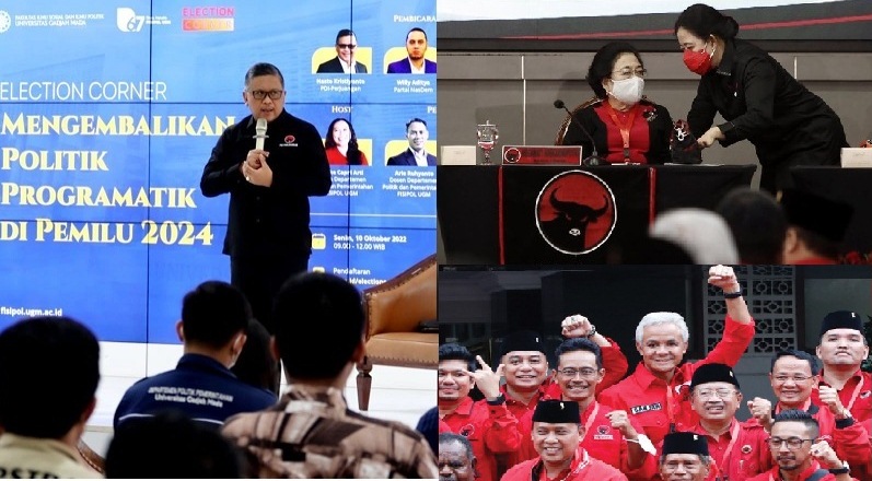 Sekjen DPP PDI Perjuangan Hasto Kristiyanto saat menjadi pembicara dalam diskusi Election Corner yang diselenggarakan Fisipol UGM di Yogyakarta, Senin (10-10-2022) dan aktivitas Ketua Umum PDIP Megawati Soekarnoputri, Puan Maharani serta Ganjar Pranowo. 