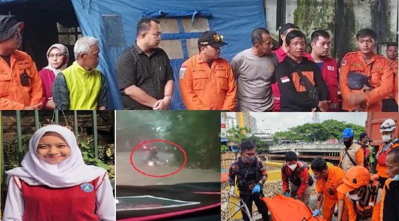 Gambar atas: Rektor IPB Arif Satria (ketiga dari kiri) di rumah duka mahasiswi IPB Adzra Nabila di Cilebut Timur, Kabupaten Bogor, Minggu (16/10/2022). Gambar bawah Adzra Nabila saat terperosok dan ditemukan Tim SAR. (Ant/Ist)