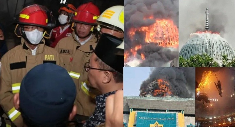 Penjabat Gubernur DKI Jakarta Heru Budi Hartono (berkacamata) meninjau lokasi kebakaran kubah Jakarta Islamic Center (JIC) di Koja, Jakarta Utara, Rabu (19/10/2022). 