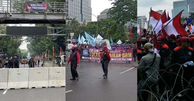 Petugas Polda Metro Jaya menutup jalur lalu lintas kendaraan di sekitar Istana Merdeka Jakarta Pusat, imbas aksi buruh menyampaikan pendapat di muka umum