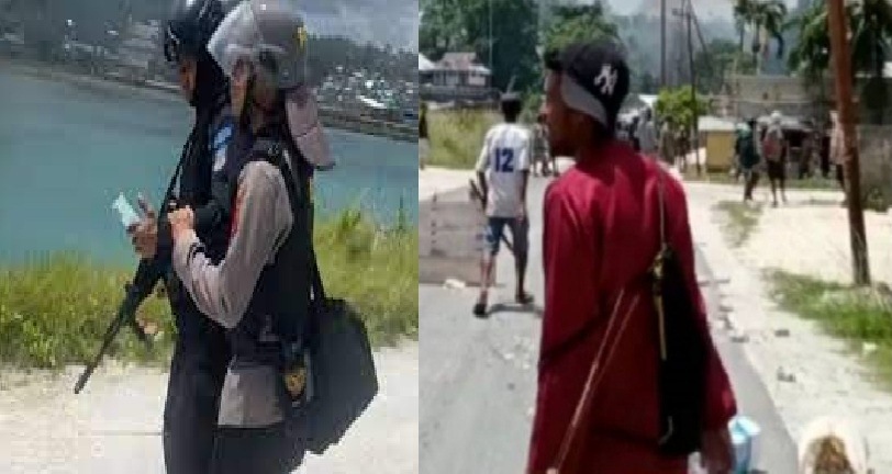 Anggota Brimob terkena panah saat mengamankan konflik di Maluku Tenggara, Maluku, Sabtu, yang mengakibatkan jatuh sejumlah korban. (Ant/HO-Polda Maluku)