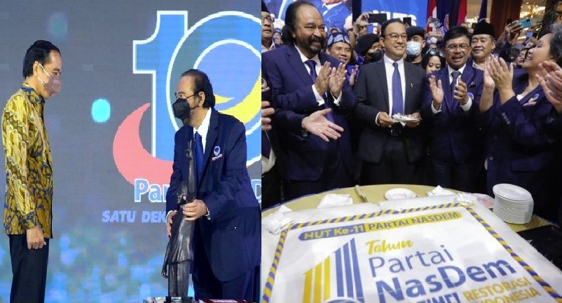Acara HUT Partai NasDem tahun lalu dihadiri Presiden Jokowi (kiri) sedangkan tahun ini dihadiri Capres 2024 Anies Baswedan (kanan)