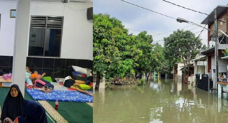 Sejumlah warga RT/RW 01/17 mengungsi akibat rumahnya terendam banjir di Desa Gelam Jaya, Kecamatan Pasar Kemis, Tangerang, akibat luapan kali dan jebolnya tanggul Situ Gelam Jaya. (Ant/Azmi Samsul Maarif)