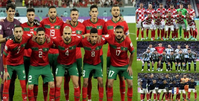 Maroko (kiri) diantara tim-tim besar, Kroasia (kanan atas), Argentina dan Prancis pada semifinal Piala Dunia 2022 Qatar