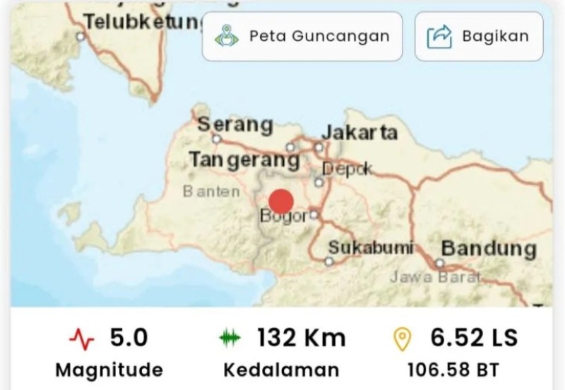 BMKG mencatat gempa dengan magnitudo 5 terjadi sekitar 25 kilometer barat laut Kota Bogor, Jawa Barat, Minggu (15/1/2023). (Ant)