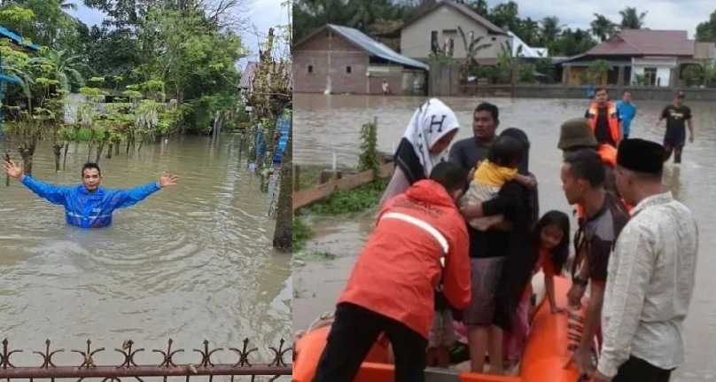 Bencana banjir di Kabupaten Pidie dan Petugas BPBD mengevakuasi warga yang terdampak banjir di Kabupaten Bireun, Provinsi Aceh, Sabtu (21/1/2023).