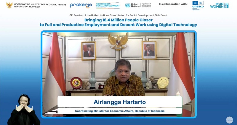 Menteri Koordinator Bidang Perekonomian Airlangga Hartarto sampaikan keynote speech secara virtual dalam acara pendukung Sidang ke-61 Komisi Pembangunan Sosial Perserikatan Bangsa-Bangsa (UN CSocD-61 PBB)