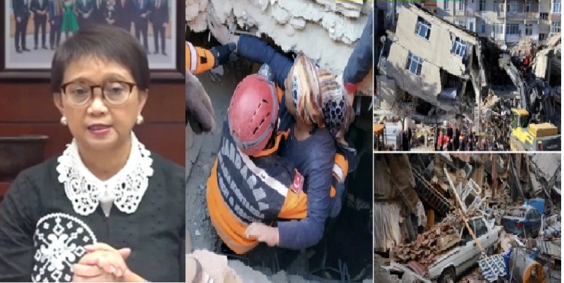 Menteri Luar Negeri Retno Marsudi memberikan keterangan pers secara daring melalui akun YouTube Kementerian Luar Negeri RI, Senin (13/2/2923) dan kondisi pasca gempa Turki dan Suriah