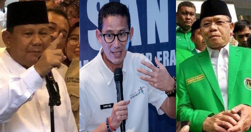 Nasib Sandiaga Salahuddin Uno (tengah) untuk tetap di Partai Gerindra atau pindah ke PPP berada di tangan Prabowo Subianto dan Muhammad Mardiono (kanan)