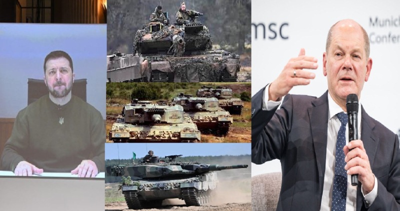 Presiden Ukraina Volodymyr Zelensky berpidato di Konferensi Keamanan Munich 2023, meminta bantuan dipercepat dikirim, Kanselir Jerman Olaf Scholz menjanjikan akan segera mengirim tank tempur utama Leopard 2