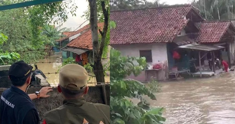 Banjir merendam permukiman warga di Desa Karang Raharja, Kecamatan Cikarang Utara, Kabupaten Bekasi, Jawa Barat, Jumat (24/2/2023) dan luapan Kali Uli. (Ant)