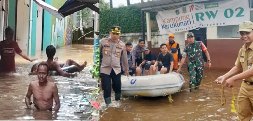 Sejumlah warga tengah melintasi banjir di Kebon Pala, Kelurahan Kampung Melayu, Kecamatan Jatinegara, Jakarta Timur, Senin (27/2/2023), dan sejumlah personel Polsek Kebayoran Baru bersama tiga pilar membantu proses evakuasi warga terdampak banjir di RW 02 Petogogan, Kebayoran Baru, Jakarta. (Ant)