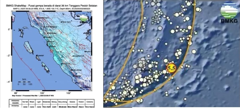 Peta pusat guncangan gempa magnitudo 5,6 di wilayah Lengayang, Pesisir Selatan, Sumatera Barat, Kamis (2/3/2023) dan di wilayah Sarmi, Papua, dengan magnitude 5,5
