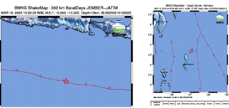Lokasi gempa bumi M 5,7 yang berada di 302 km BaratDaya Jember dan pusat gempa di laut pada jarak 14 km arah Barat Daya Nanusa, Kepulauan Talaud, Sulawesi Utara 