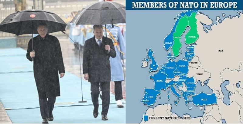 Presiden Turki Recep Tayyip Erdogan menyambut Presiden Finlandia Sauli Niinisto (kanan) dalam kondisi hujan di Ankara, Jumat (17/3/2023) dan peta NATO di Eropa. 