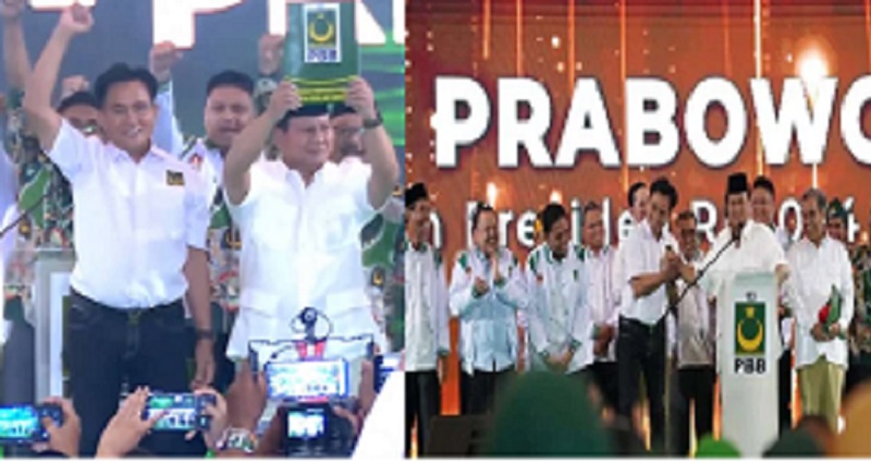 Ketua Umum Partai Bulan Bintang Yusril Ihza Mahendra saat deklarasi mendukung Prabowo Subianto sebagai calon presiden 2024
