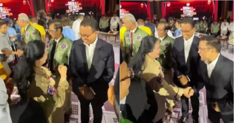 Momen ketika Capres - Cawapres 01, Anies Baswedan - Muhaimin Iskandar (AMIN) bersalaman dan berbincang dengan Ketua DPP PDIP Pusan Maharani usai Debat Pilpres III di Istora Senayan, Jakarta, Minggu (7/1/2024)