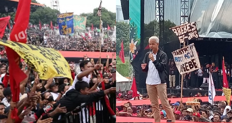 Capres nomor urut 3 Ganjar Pranowo saat menghadiri Hajatan Rakyat Cirebon di Stadion Bima, Kota Cirebon, Jawa Barat, Sabtu (27/01/2024). 